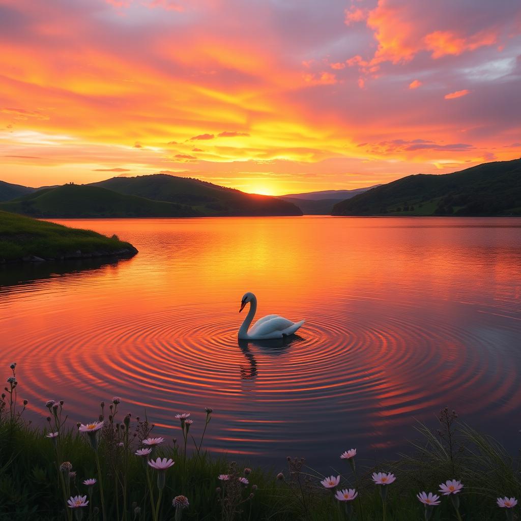 A serene sunset landscape featuring a tranquil lake surrounded by lush green hills