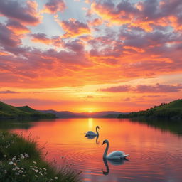 A serene sunset landscape featuring a tranquil lake surrounded by lush green hills