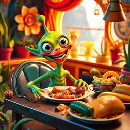 A humorous scene featuring a playful alien creature with a big smile, sitting at a table with a plate, comically pretending to eat and 'do its business' into the plate