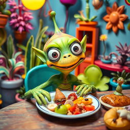 A humorous scene featuring a playful alien creature with a big smile, sitting at a table with a plate, comically pretending to eat and 'do its business' into the plate