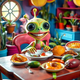 A humorous scene featuring a playful alien creature with a big smile, sitting at a table with a plate, comically pretending to eat and 'do its business' into the plate