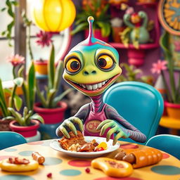 A humorous scene featuring a playful alien creature with a big smile, sitting at a table with a plate, comically pretending to eat and 'do its business' into the plate