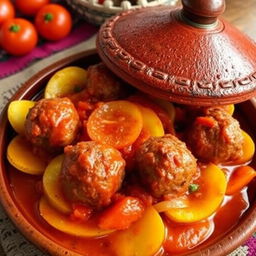 A beautifully arranged Egyptian dish known as 'Tajine Kofta', featuring perfectly cooked kofta meatballs surrounded by layers of golden-brown potato slices, vibrant tomato, and sautéed onions, all smothered in rich, flavorful tomato sauce