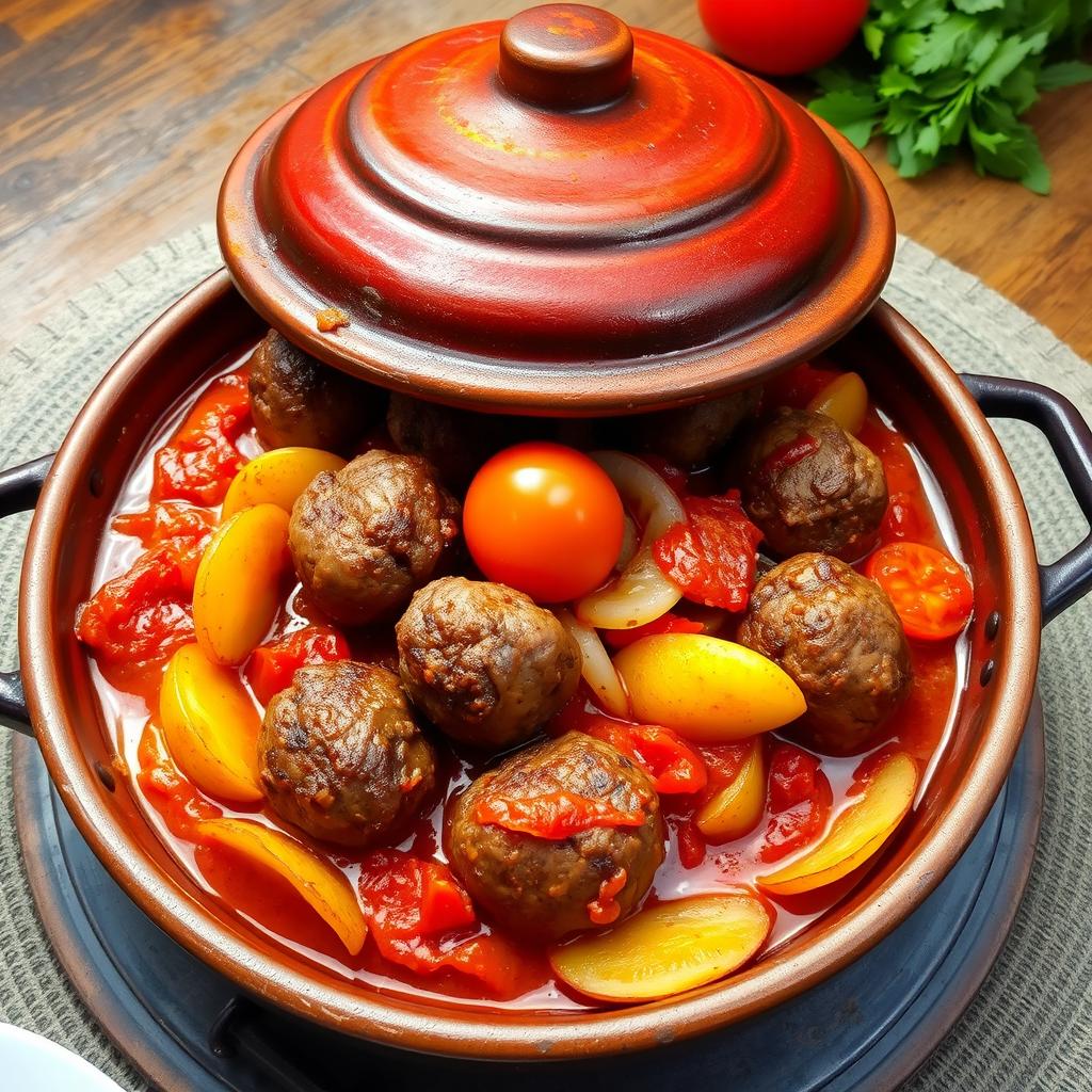 A beautifully arranged Egyptian dish known as 'Tajine Kofta', featuring perfectly cooked kofta meatballs surrounded by layers of golden-brown potato slices, vibrant tomato, and sautéed onions, all smothered in rich, flavorful tomato sauce