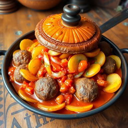 A beautifully arranged Egyptian dish known as 'Tajine Kofta', featuring perfectly cooked kofta meatballs surrounded by layers of golden-brown potato slices, vibrant tomato, and sautéed onions, all smothered in rich, flavorful tomato sauce