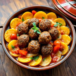 A beautifully arranged Egyptian dish known as 'Tajine Kofta', featuring perfectly cooked kofta meatballs surrounded by layers of golden-brown potato slices, vibrant tomato, and sautéed onions, all smothered in rich, flavorful tomato sauce