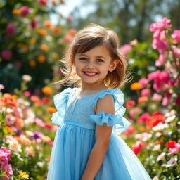 A charming scene featuring a big girl wearing a beautiful blue dress, standing confidently in a sunlit garden