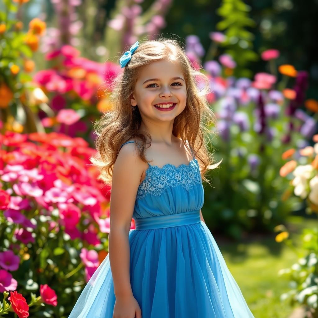 A charming scene featuring a big girl wearing a beautiful blue dress, standing confidently in a sunlit garden