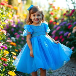 A charming scene featuring a big girl wearing a beautiful blue dress, standing confidently in a sunlit garden