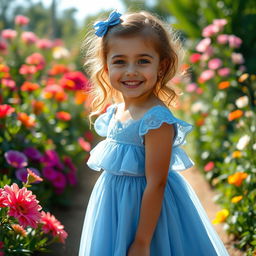 A charming scene featuring a big girl wearing a beautiful blue dress, standing confidently in a sunlit garden