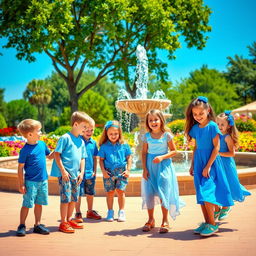 A playful gathering of young boys and girls dressed in stylish blue-themed outfits, enjoying a sunny day in a vibrant park