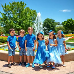 A playful gathering of young boys and girls dressed in stylish blue-themed outfits, enjoying a sunny day in a vibrant park