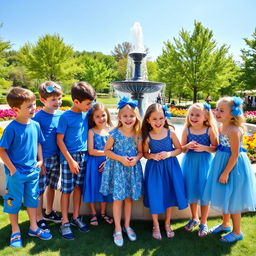 A playful gathering of young boys and girls dressed in stylish blue-themed outfits, enjoying a sunny day in a vibrant park
