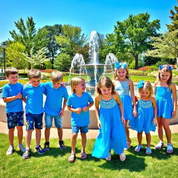 A playful gathering of young boys and girls dressed in stylish blue-themed outfits, enjoying a sunny day in a vibrant park