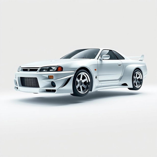 A futuristic spaceship designed to resemble a Nissan Skyline R34, seamlessly integrated without wheels, showcasing sleek aerodynamic lines and a glossy white finish