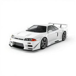 A futuristic spaceship designed to resemble a Nissan Skyline R34, seamlessly integrated without wheels, showcasing sleek aerodynamic lines and a glossy white finish