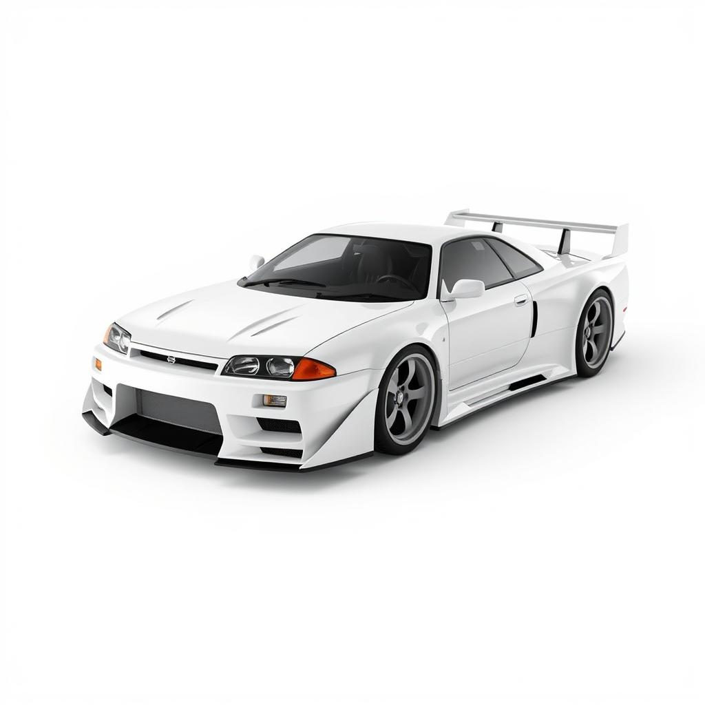 A futuristic spaceship designed to resemble a Nissan Skyline R34, seamlessly integrated without wheels, showcasing sleek aerodynamic lines and a glossy white finish