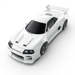 A futuristic spaceship designed to resemble a Nissan Skyline R34, seamlessly integrated without wheels, showcasing sleek aerodynamic lines and a glossy white finish