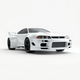 A futuristic spaceship designed to resemble a Nissan Skyline R34, seamlessly integrated without wheels, showcasing sleek aerodynamic lines and a glossy white finish