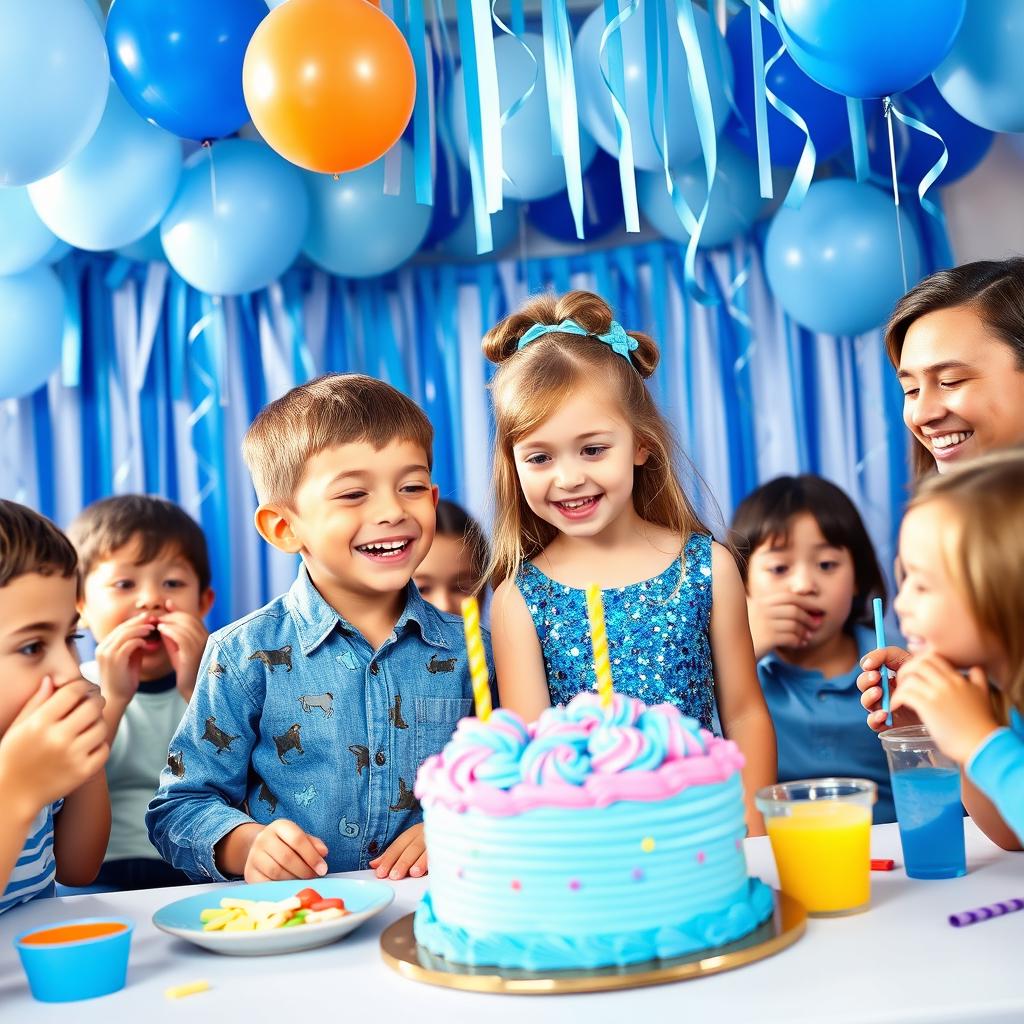 A festive scene depicting a boy and a girl celebrating at a blue-themed party