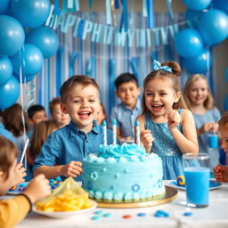 A festive scene depicting a boy and a girl celebrating at a blue-themed party
