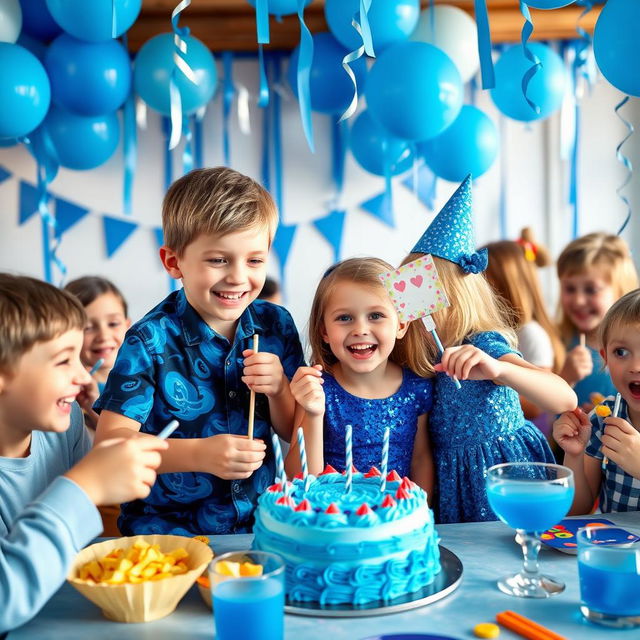 A festive scene depicting a boy and a girl celebrating at a blue-themed party