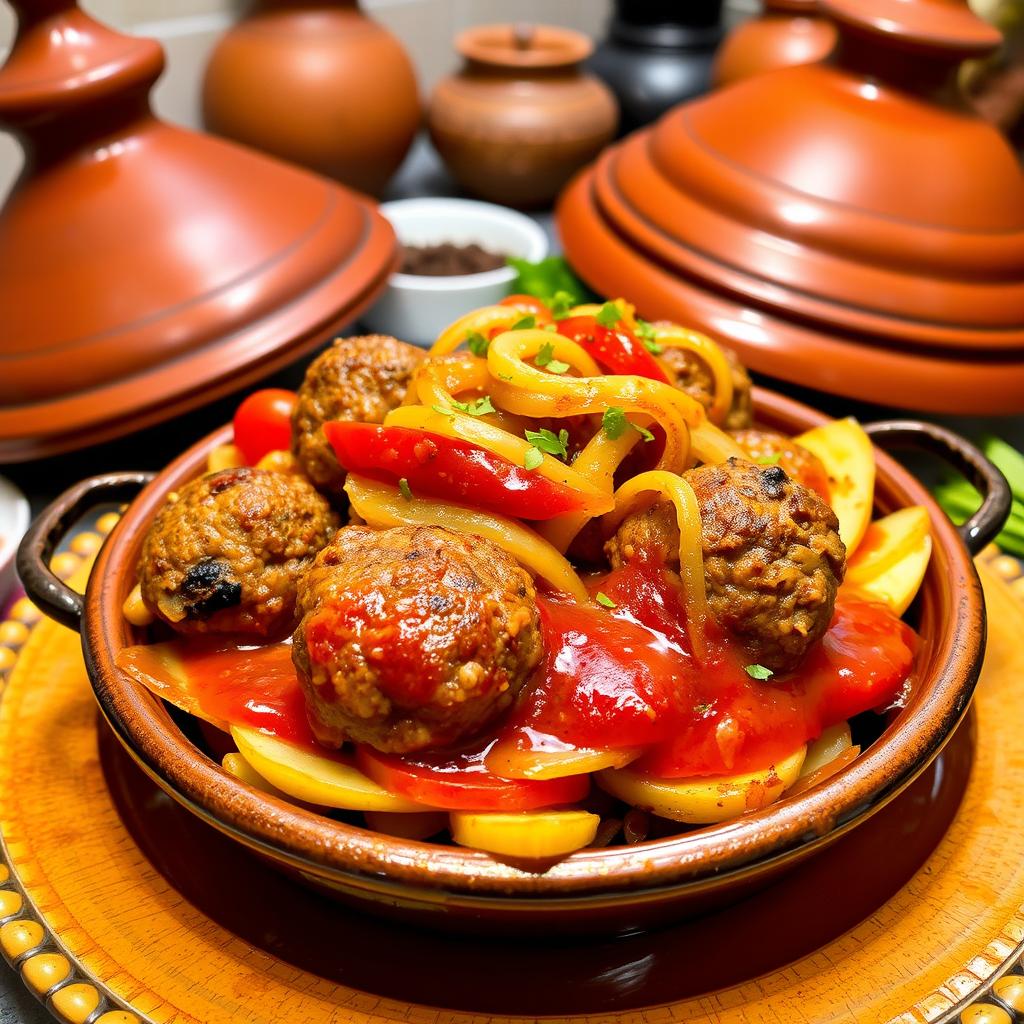 A delicious serving of Moroccan Tagine featuring perfectly cooked and spiced meatballs (Kefta) that are golden brown