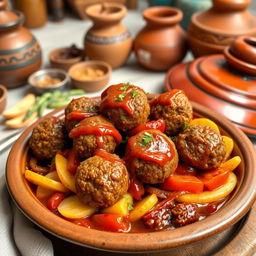 A delicious serving of Moroccan Tagine featuring perfectly cooked and spiced meatballs (Kefta) that are golden brown