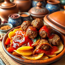 A delicious serving of Moroccan Tagine featuring perfectly cooked and spiced meatballs (Kefta) that are golden brown