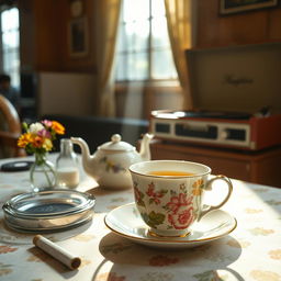A vintage 1970s scene featuring a stylish cup of tea on a patterned tablecloth