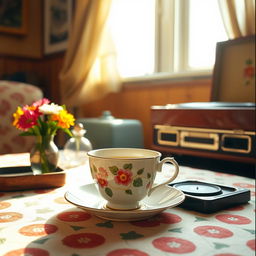 A vintage 1970s scene featuring a stylish cup of tea on a patterned tablecloth