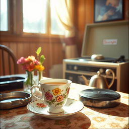 A vintage 1970s scene featuring a stylish cup of tea on a patterned tablecloth