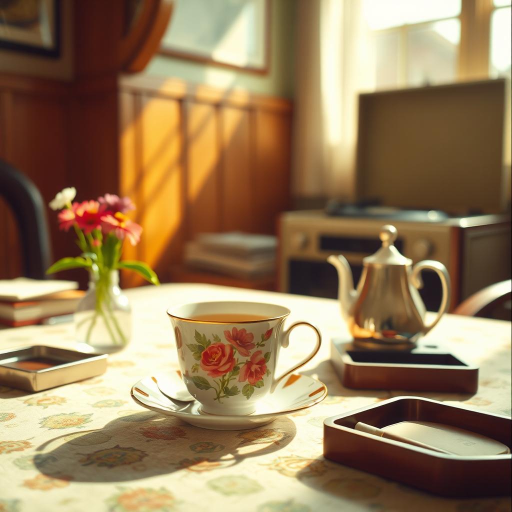 A vintage 1970s scene featuring a stylish cup of tea on a patterned tablecloth