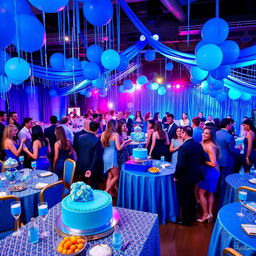 A vibrant party scene with a striking blue theme, showcasing a beautifully decorated venue filled with blue balloons, streamers, and sparkling table settings