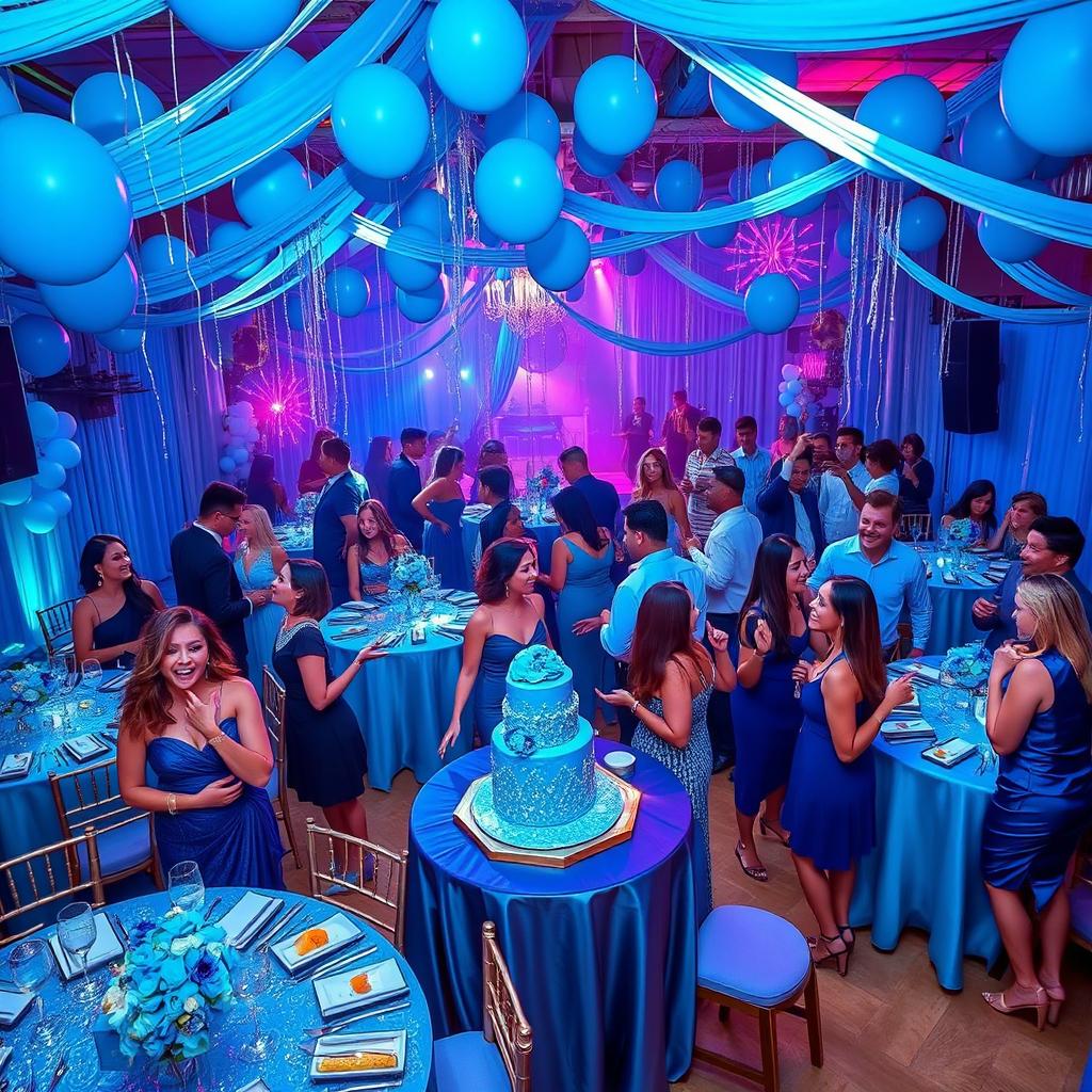 A vibrant party scene with a striking blue theme, showcasing a beautifully decorated venue filled with blue balloons, streamers, and sparkling table settings