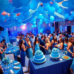 A vibrant party scene with a striking blue theme, showcasing a beautifully decorated venue filled with blue balloons, streamers, and sparkling table settings