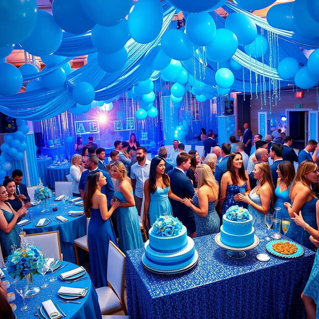 A vibrant party scene with a striking blue theme, showcasing a beautifully decorated venue filled with blue balloons, streamers, and sparkling table settings
