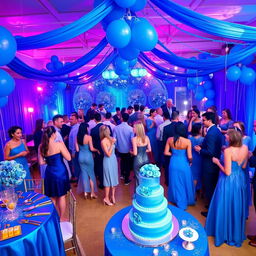 A vibrant party scene with a striking blue theme, showcasing a beautifully decorated venue filled with blue balloons, streamers, and sparkling table settings