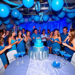 A lively party scene with a blue theme, featuring guests dressed in various shades of blue attire