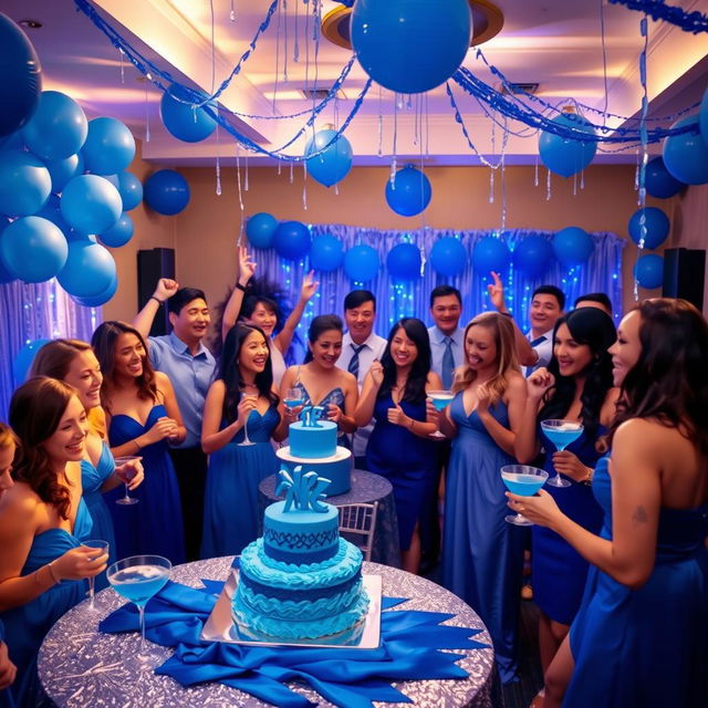 A lively party scene with a blue theme, featuring guests dressed in various shades of blue attire