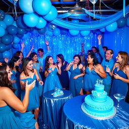 A lively party scene with a blue theme, featuring guests dressed in various shades of blue attire