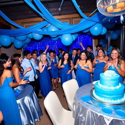 A lively party scene with a blue theme, featuring guests dressed in various shades of blue attire
