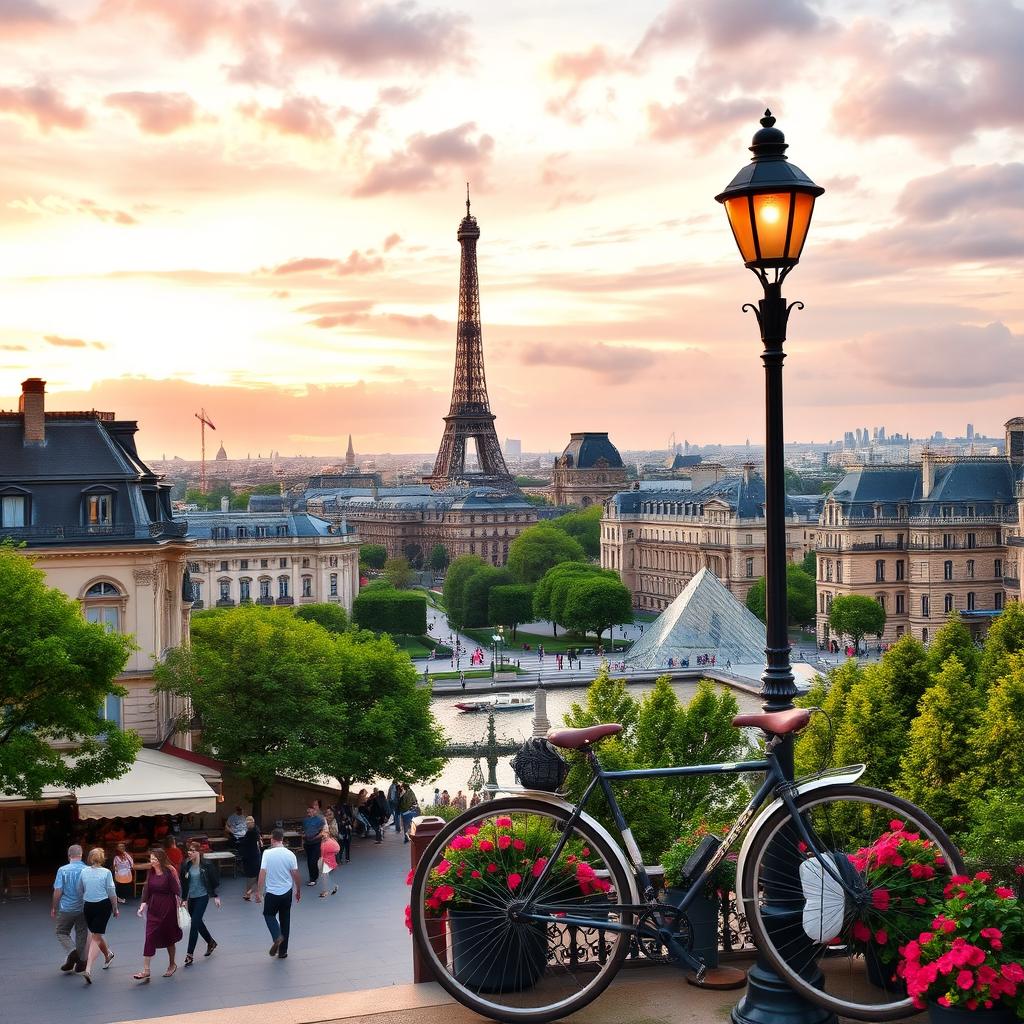 A stunning view of Paris, capturing iconic landmarks such as the Eiffel Tower, the Louvre Museum, and the Seine River, surrounded by charming Parisian architecture, lush green trees, and vibrant flowers