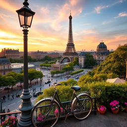 A stunning view of Paris, capturing iconic landmarks such as the Eiffel Tower, the Louvre Museum, and the Seine River, surrounded by charming Parisian architecture, lush green trees, and vibrant flowers