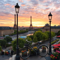 A stunning view of Paris, capturing iconic landmarks such as the Eiffel Tower, the Louvre Museum, and the Seine River, surrounded by charming Parisian architecture, lush green trees, and vibrant flowers