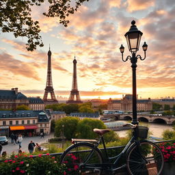 A stunning view of Paris, capturing iconic landmarks such as the Eiffel Tower, the Louvre Museum, and the Seine River, surrounded by charming Parisian architecture, lush green trees, and vibrant flowers