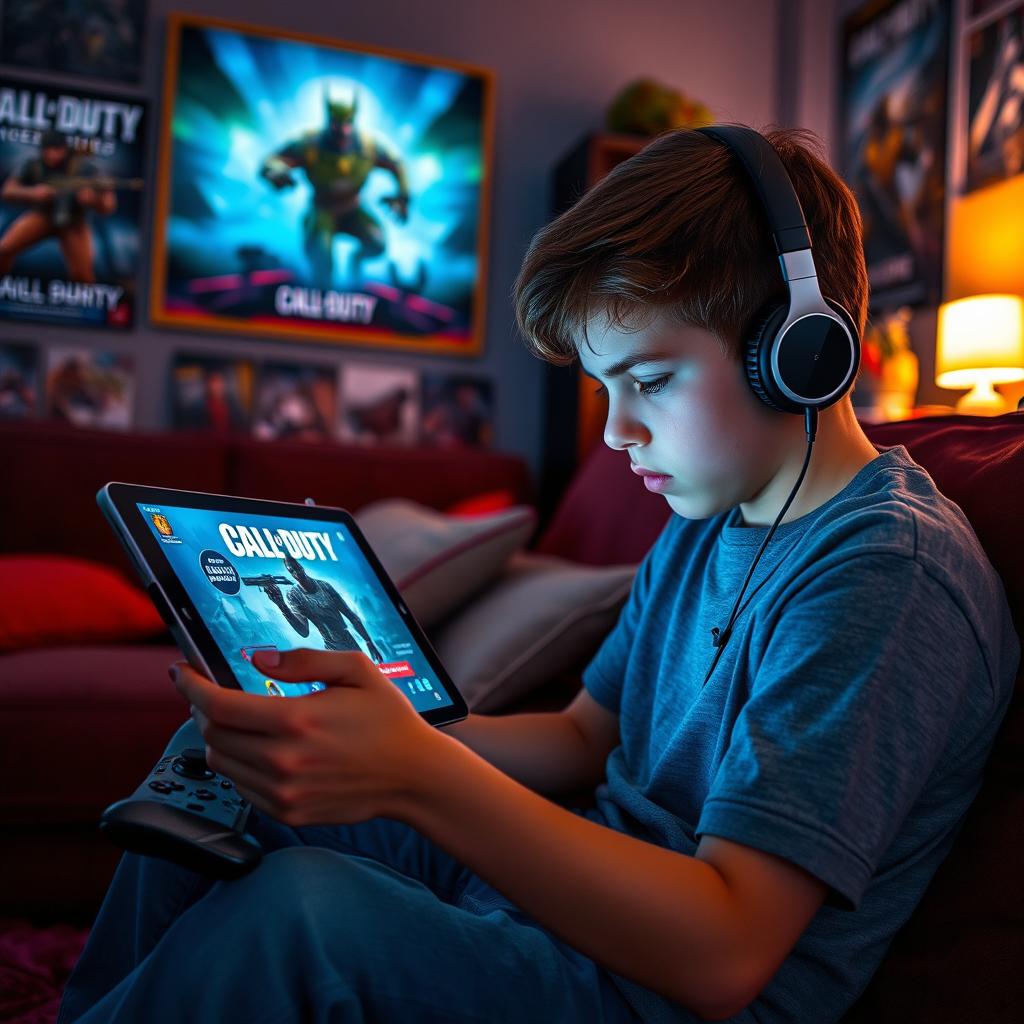 A teenage boy intensely focused on playing Call of Duty on an iPad, sitting comfortably in a cozy living room filled with gaming posters and vibrant decor