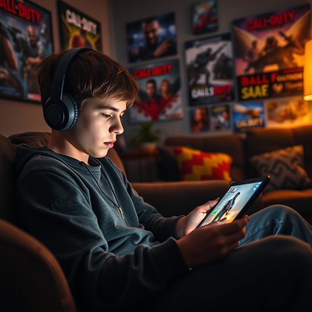 A teenage boy intensely focused on playing Call of Duty on an iPad, sitting comfortably in a cozy living room filled with gaming posters and vibrant decor