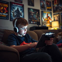 A teenage boy intensely focused on playing Call of Duty on an iPad, sitting comfortably in a cozy living room filled with gaming posters and vibrant decor