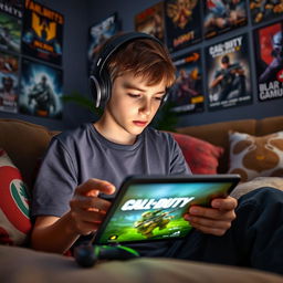 A teenage boy intensely focused on playing Call of Duty on an iPad, sitting comfortably in a cozy living room filled with gaming posters and vibrant decor